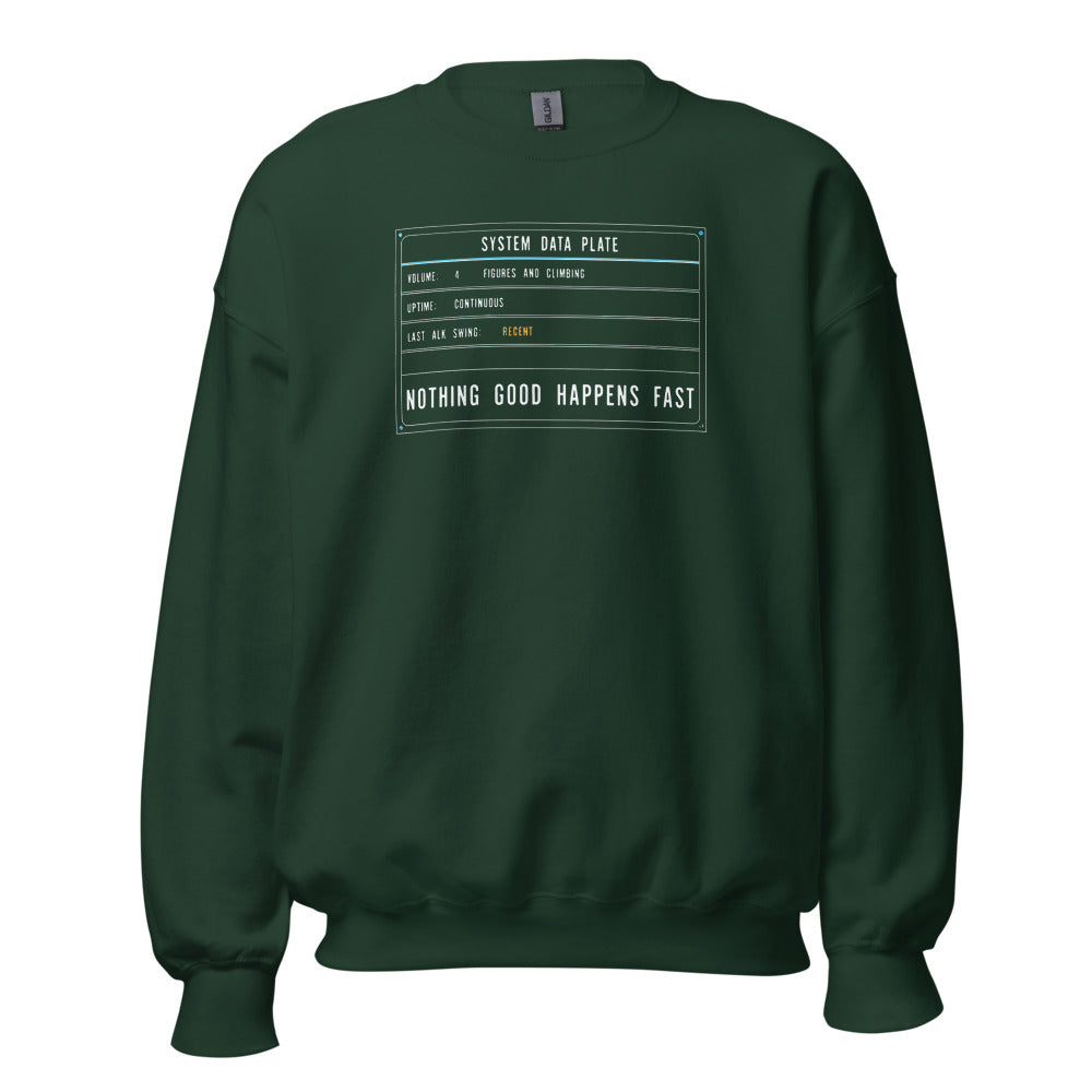 Nothing Good Happens Fast reef system data plate saltwater aquarium crewneck sweatshirt — Forest Green, front