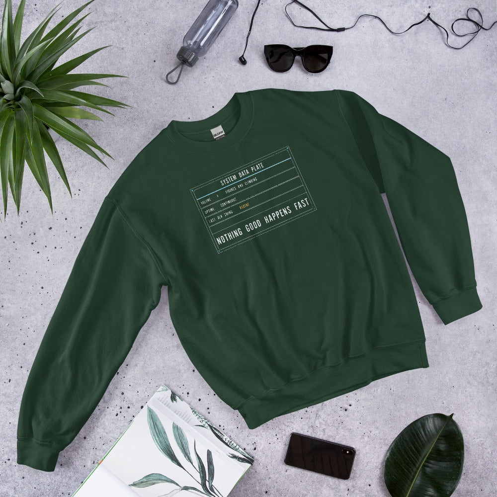 Nothing Good Happens Fast reef system data plate saltwater aquarium crewneck sweatshirt — Forest Green, flat lay