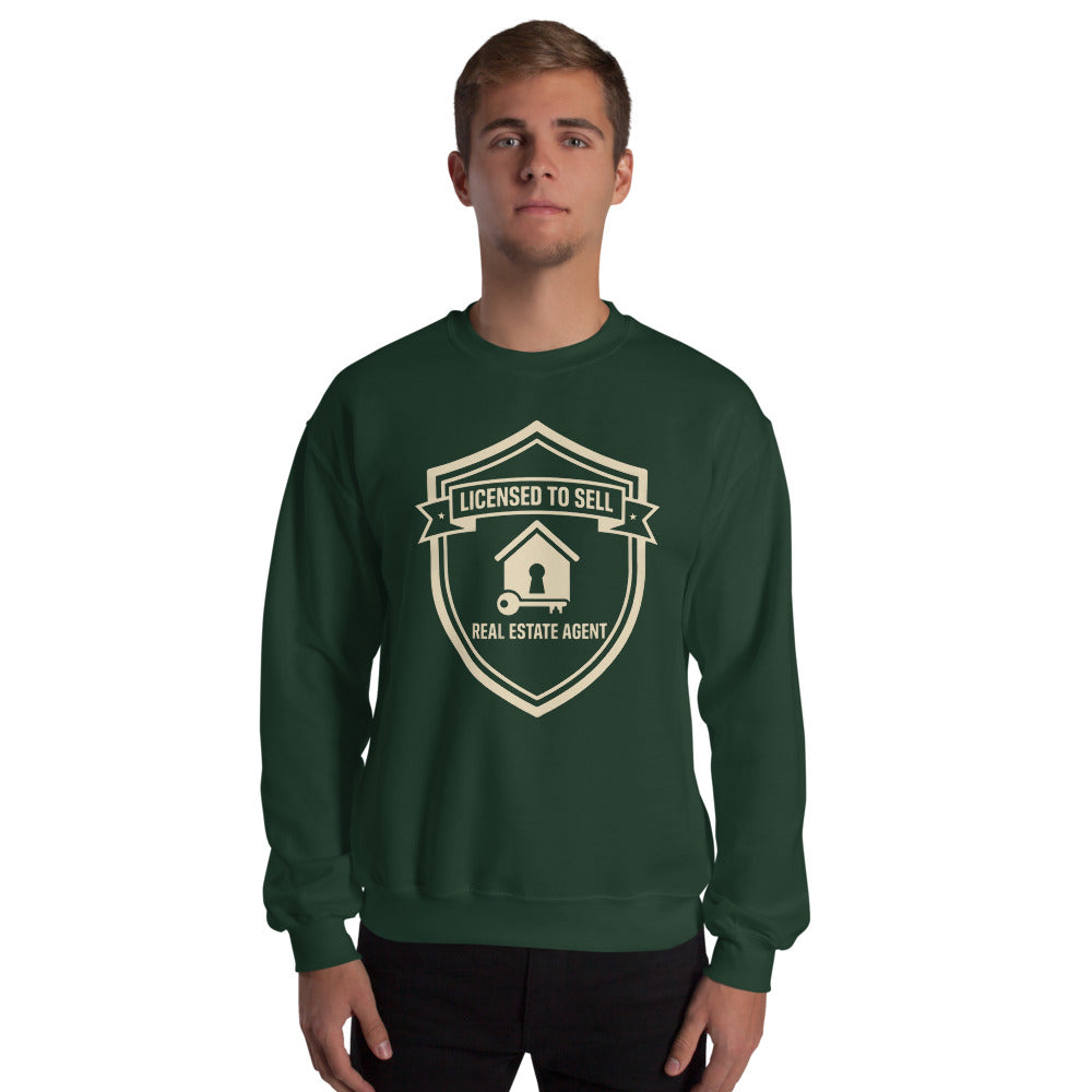 Licensed to Sell real estate agent crewneck sweatshirt — Forest Green, on model