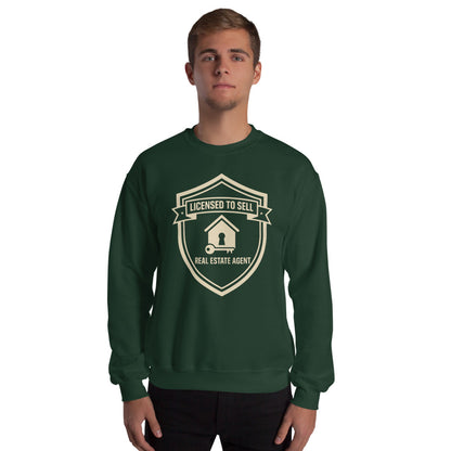 Licensed to Sell real estate agent crewneck sweatshirt — Forest Green, on model