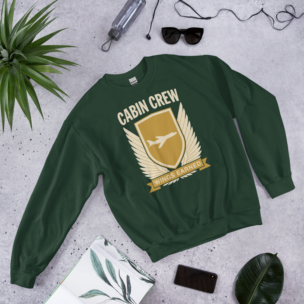 Wings Earned flight attendant crewneck sweatshirt — Forest Green, flat lay