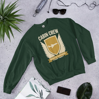 Wings Earned flight attendant crewneck sweatshirt — Forest Green, flat lay