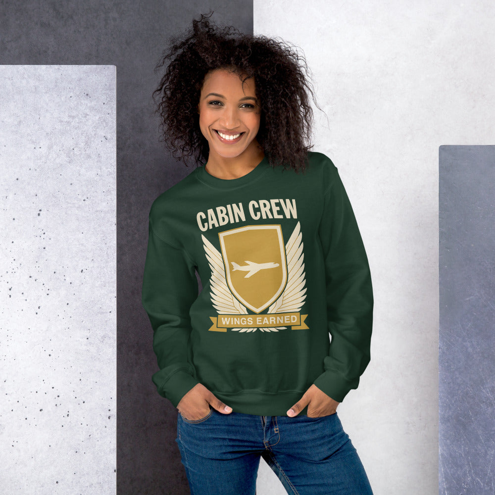Wings Earned flight attendant crewneck sweatshirt — Forest Green, on model