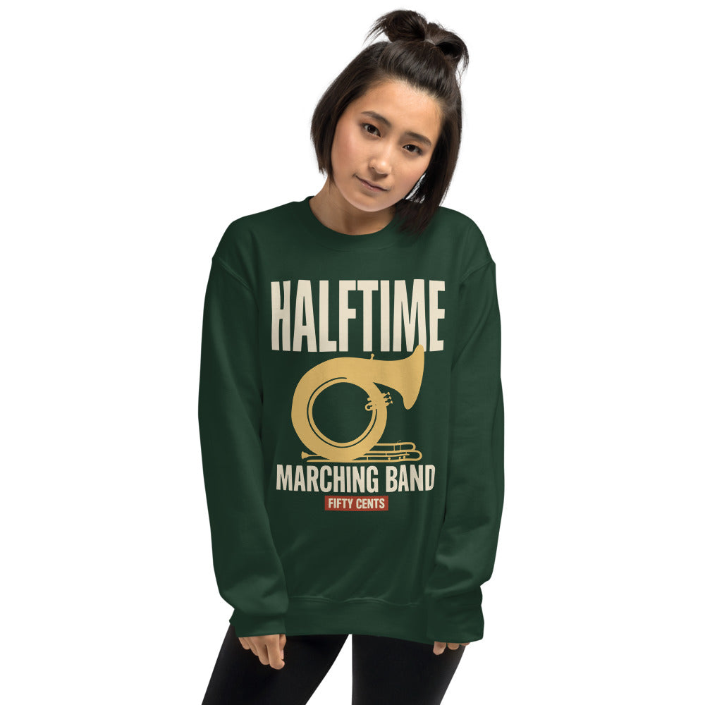 Official Halftime vintage marching band crewneck sweatshirt — Forest Green, on model