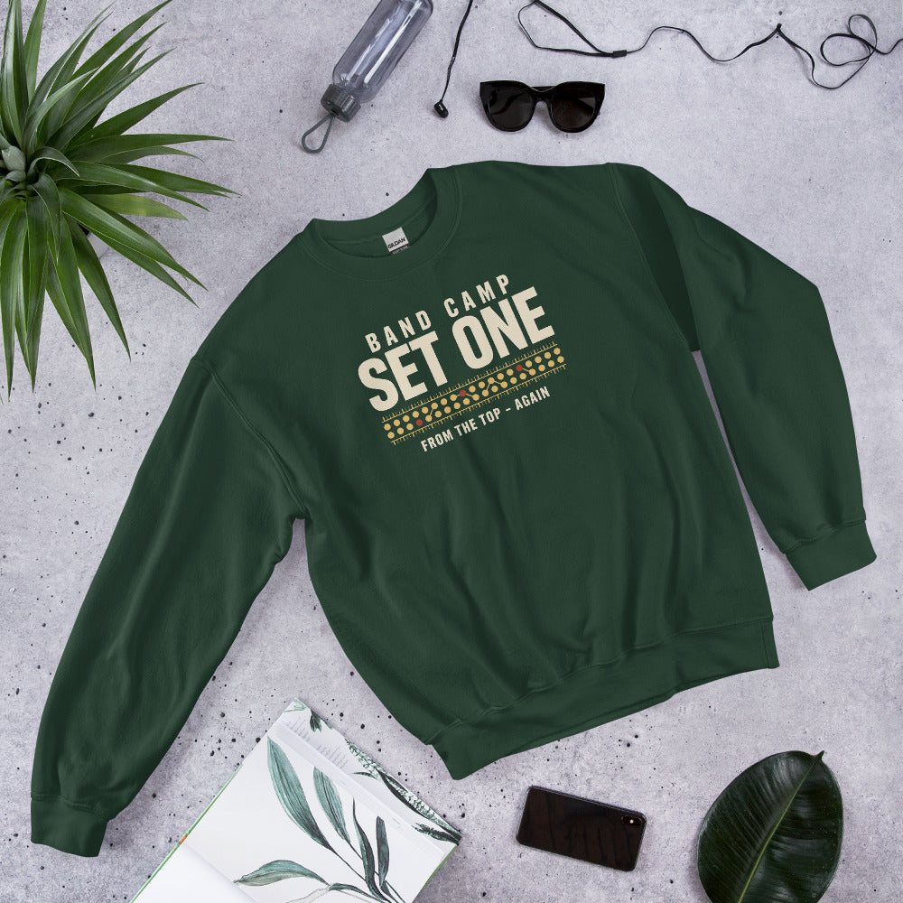 Set One marching band drill chart crewneck sweatshirt — Forest Green, flat lay