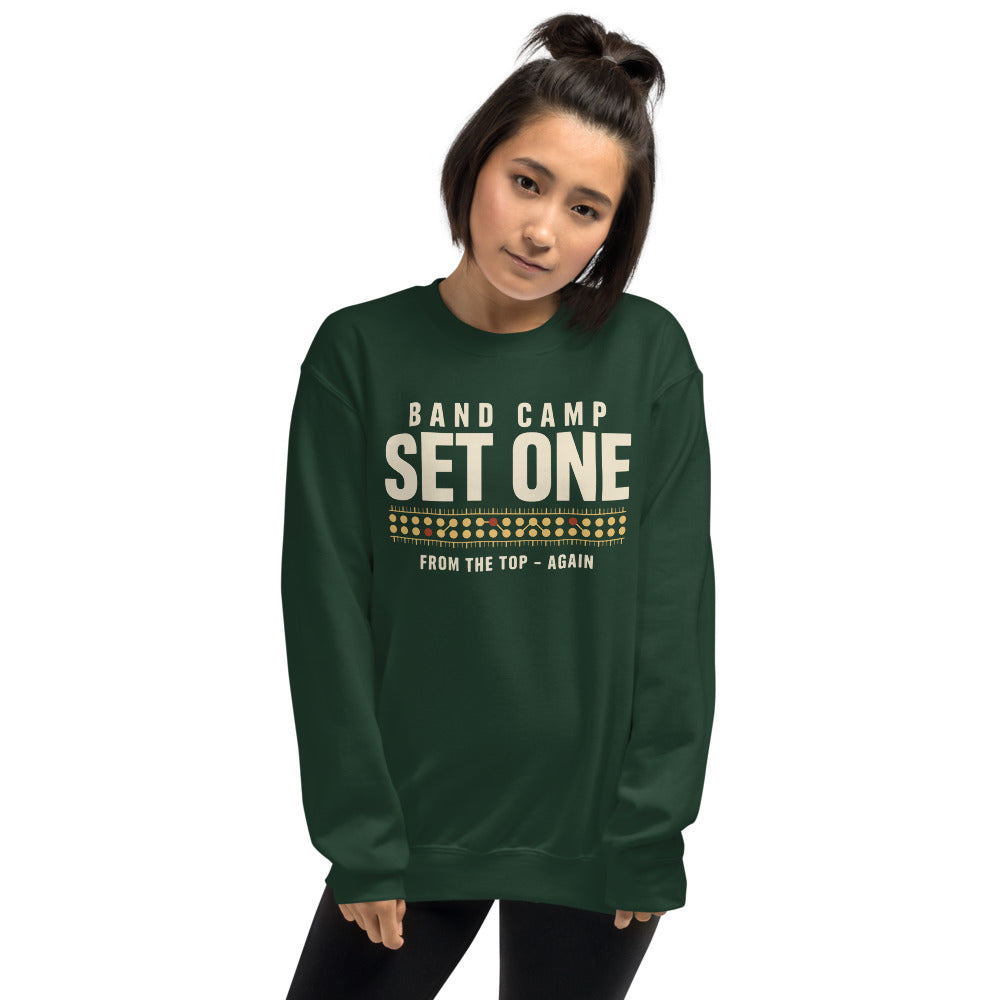 Set One marching band drill chart crewneck sweatshirt — Forest Green, on model