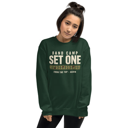 Set One marching band drill chart crewneck sweatshirt — Forest Green, on model