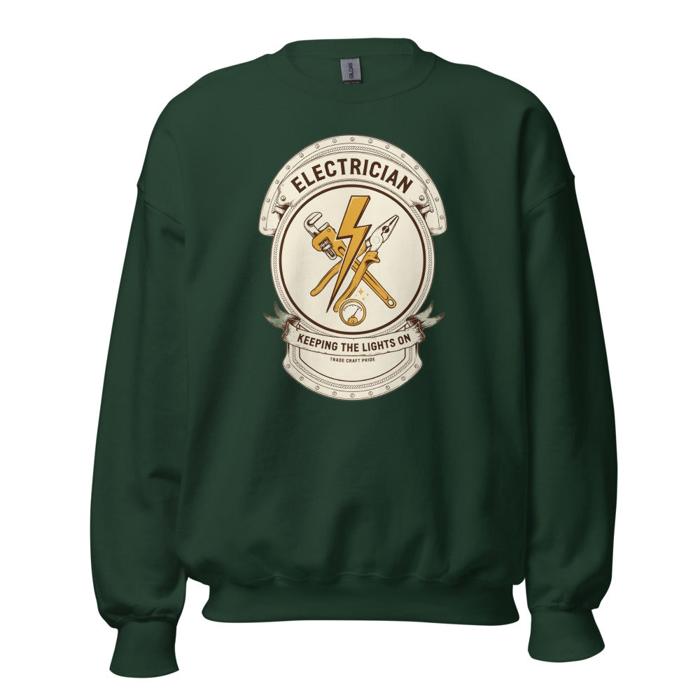Electrician Journeyman trade crest crewneck — Forest Green, front