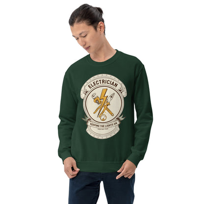 Electrician Journeyman trade crest crewneck — Forest Green, on model