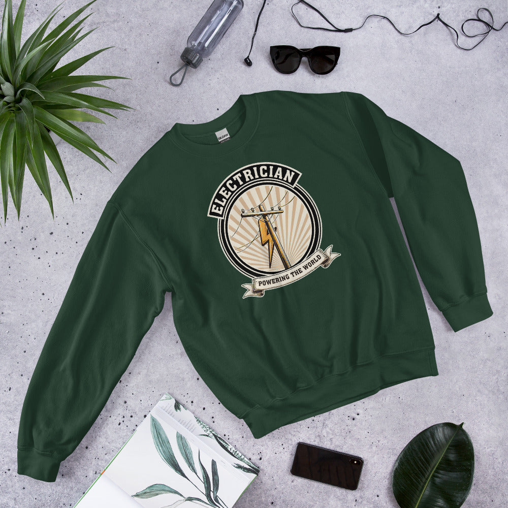 Powering The World electrician emblem crewneck — Forest Green, flat lay