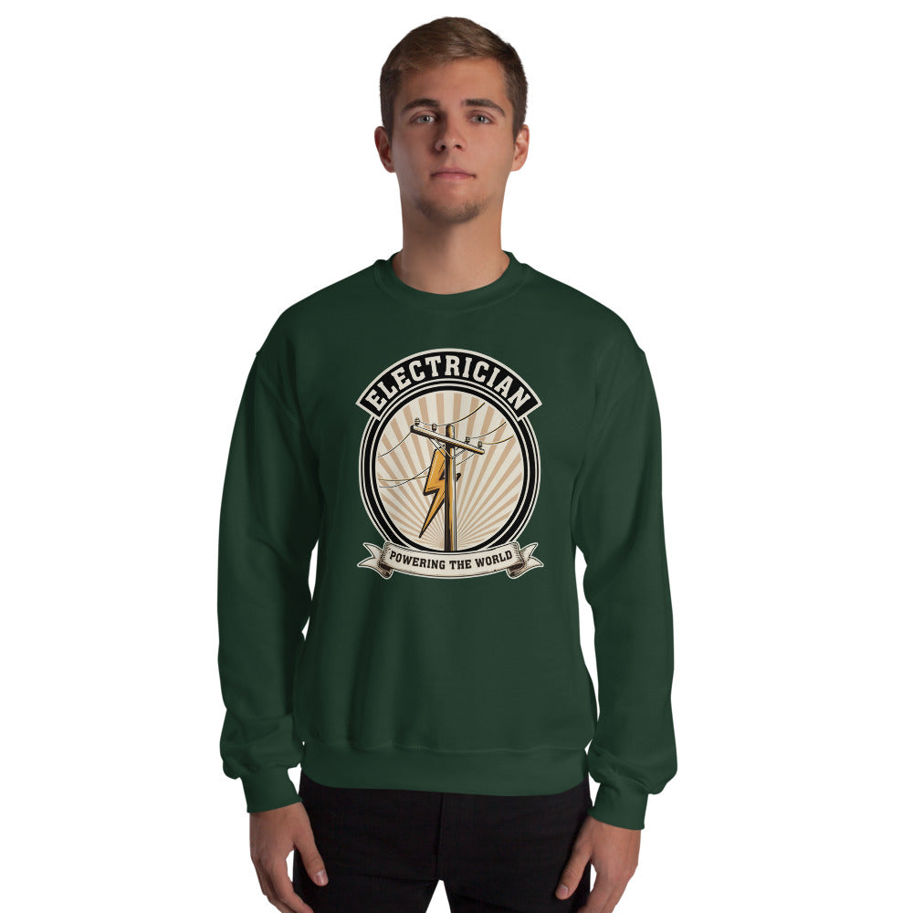 Powering The World electrician emblem crewneck — Forest Green, on model