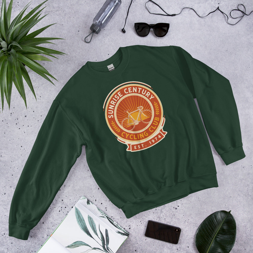 Sunrise Century C.C. retro cycling club badge crewneck — Forest Green, flat lay
