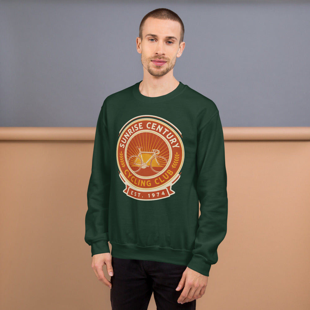 Sunrise Century C.C. retro cycling club badge crewneck — Forest Green, on model