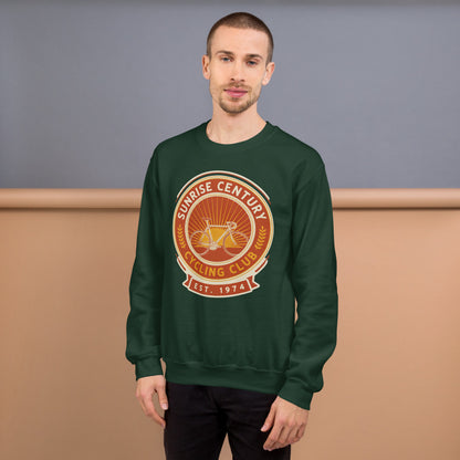 Sunrise Century C.C. retro cycling club badge crewneck — Forest Green, on model
