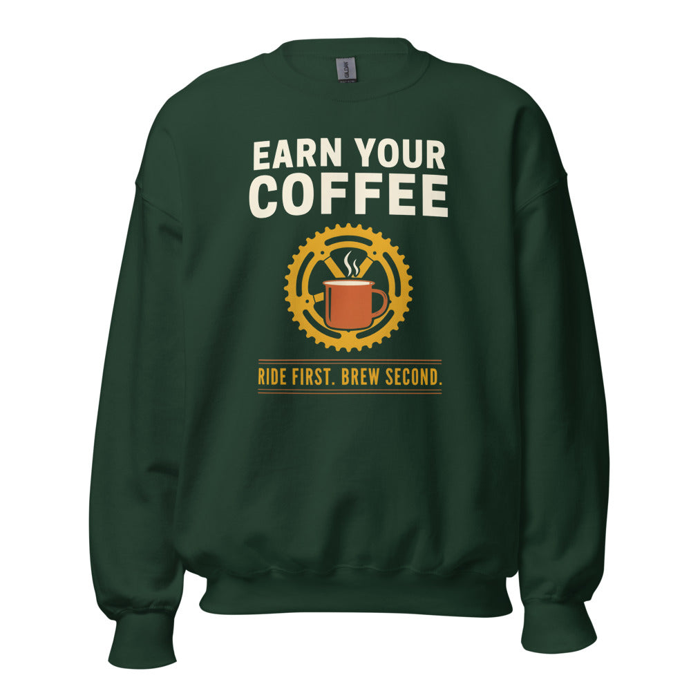 Earn Your Coffee retro cycling coffee crewneck — Forest Green, front