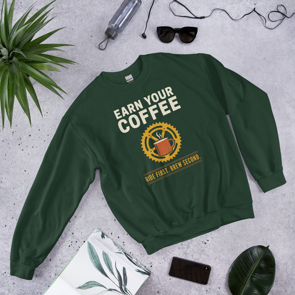 Earn Your Coffee retro cycling coffee crewneck — Forest Green, flat lay
