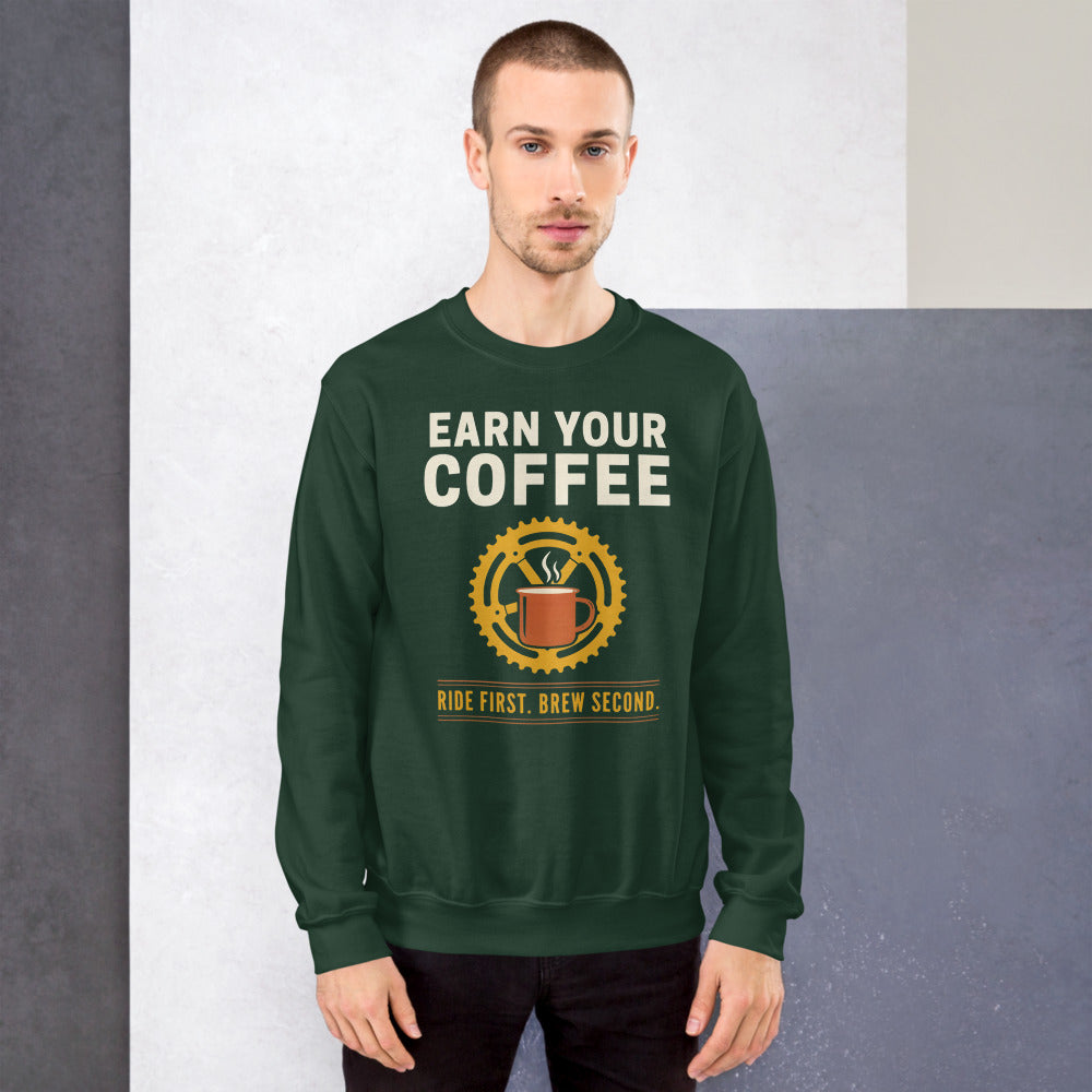 Earn Your Coffee retro cycling coffee crewneck — Forest Green, on model