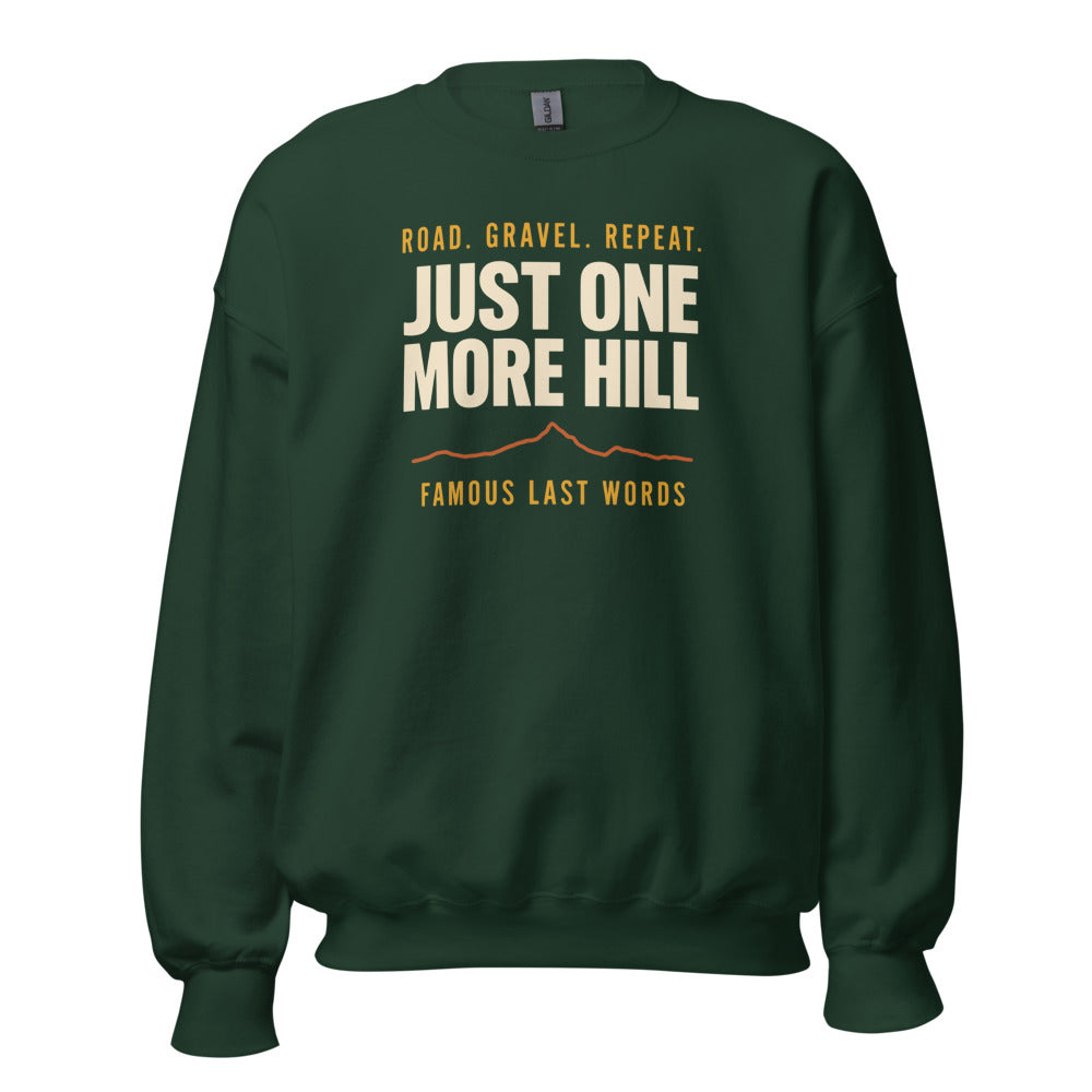 Just One More Hill retro cycling climb crewneck — Forest Green, front