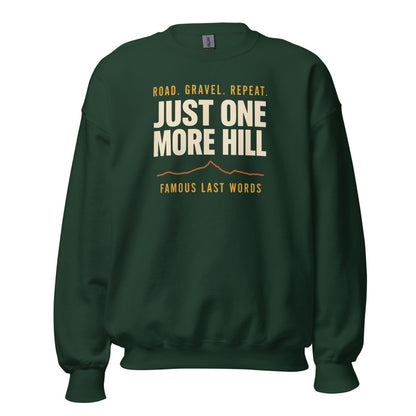 Just One More Hill retro cycling climb crewneck — Forest Green, front