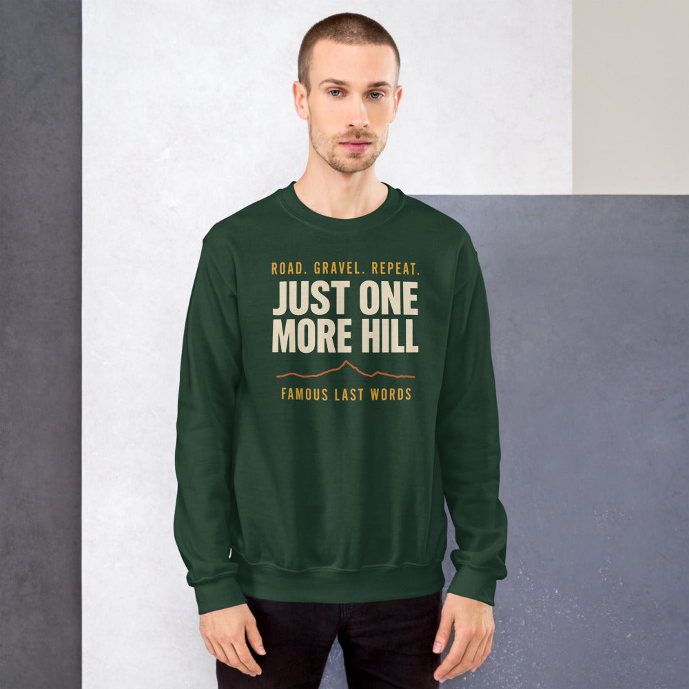 Just One More Hill retro cycling climb crewneck — Forest Green, on model