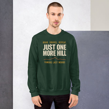 Just One More Hill retro cycling climb crewneck — Forest Green, on model
