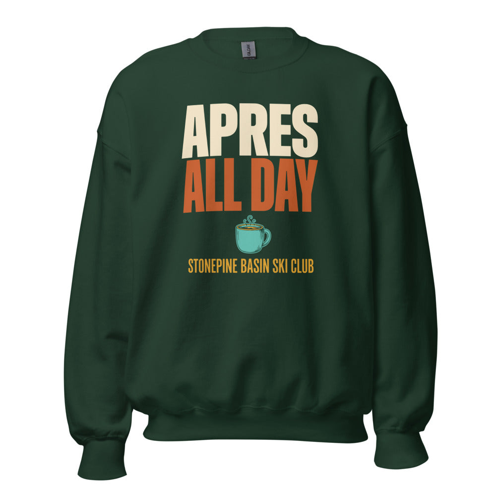 Après All Day Stonepine Basin Ski Club retro apres-ski crewneck sweatshirt — Forest Green, front