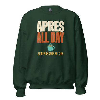 Après All Day Stonepine Basin Ski Club retro apres-ski crewneck sweatshirt — Forest Green, front
