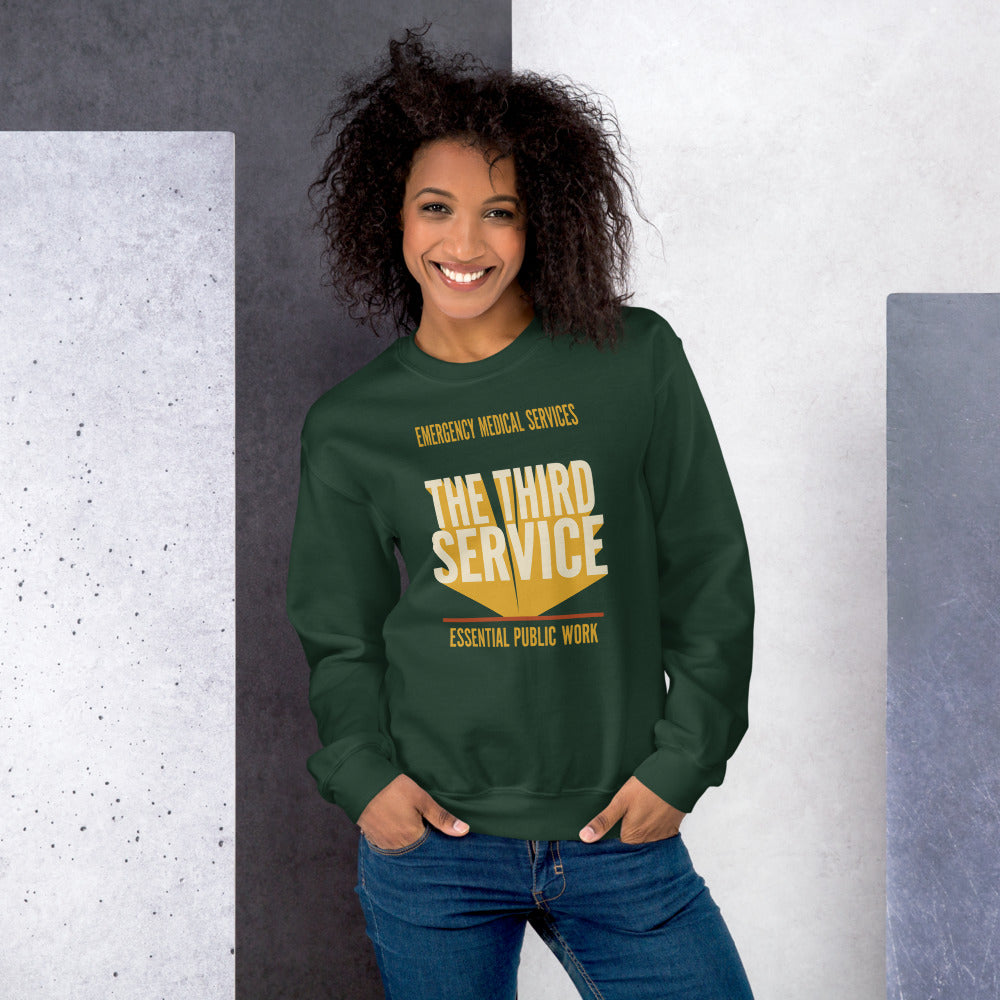 The Third Service EMS crewneck sweatshirt — Forest Green, on model