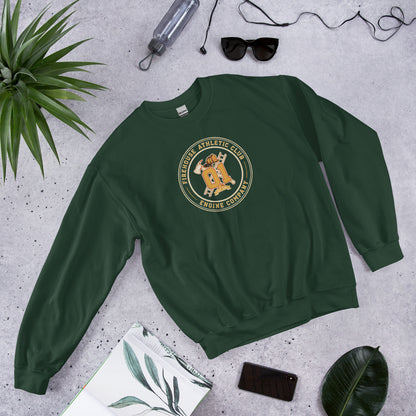 Firehouse Athletic Club retro firefighter emblem crewneck sweatshirt — Forest Green, flat lay