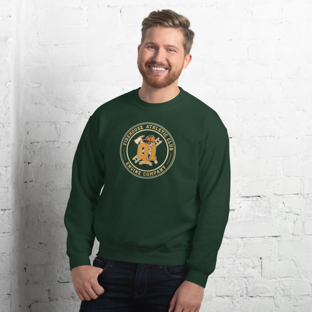 Firehouse Athletic Club retro firefighter emblem crewneck sweatshirt — Forest Green, on model