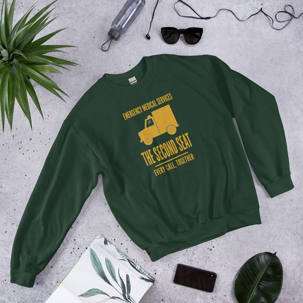 The Second Seat EMS paramedic crewneck — Forest Green, flat lay