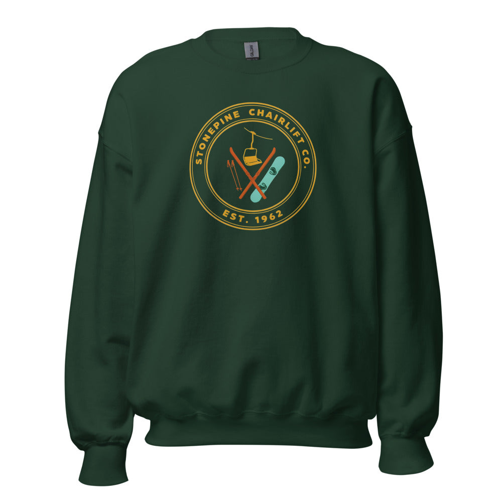 Stonepine Chairlift Co. retro vintage ski club badge crewneck sweatshirt — Forest Green, front