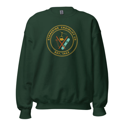 Stonepine Chairlift Co. retro vintage ski club badge crewneck sweatshirt — Forest Green, front