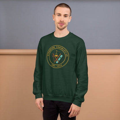 Stonepine Chairlift Co. retro vintage ski club badge crewneck sweatshirt — Forest Green, on model