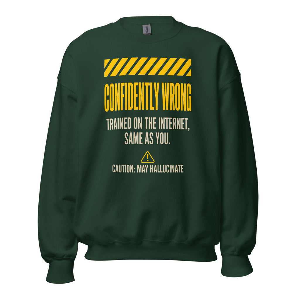 Confidently Wrong AI hazard-label crewneck sweatshirt — Forest Green, front