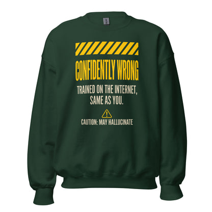 Confidently Wrong AI hazard-label crewneck sweatshirt — Forest Green, front