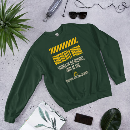 Confidently Wrong AI hazard-label crewneck sweatshirt — Forest Green, flat lay