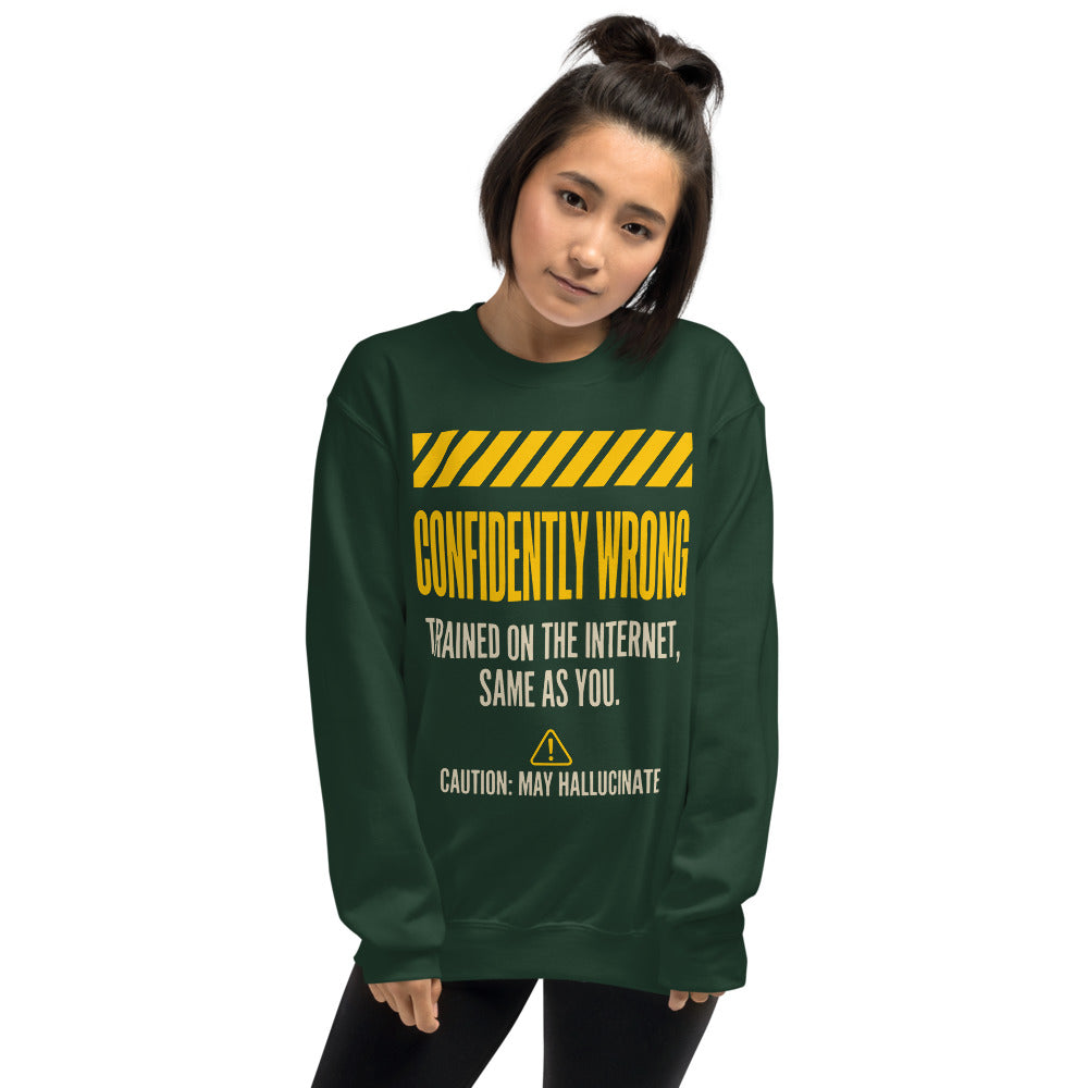 Confidently Wrong AI hazard-label crewneck sweatshirt — Forest Green, on model