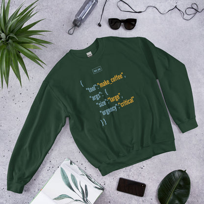 Tool Call Make Coffee AI engineer crewneck sweatshirt — Forest Green, flat lay