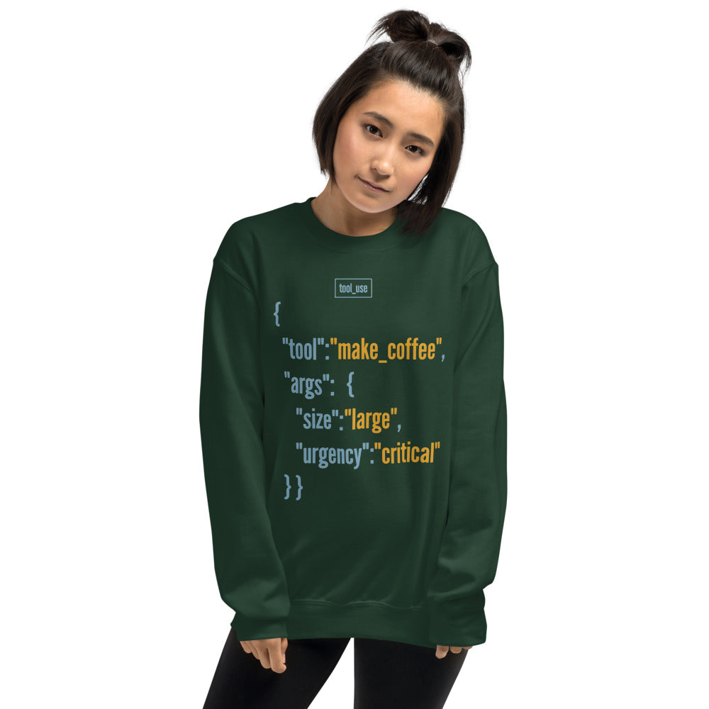 Tool Call Make Coffee AI engineer crewneck sweatshirt — Forest Green, on model