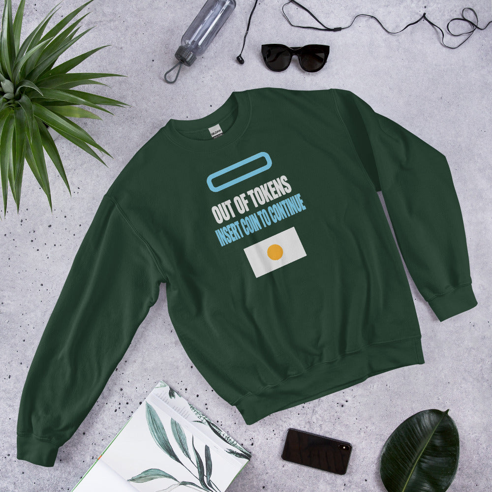 Insert Coin To Continue out of tokens crewneck sweatshirt — Forest Green, flat lay
