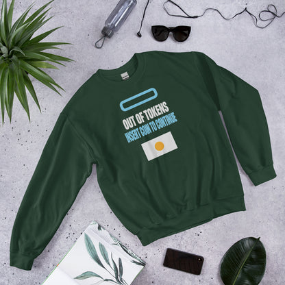 Insert Coin To Continue out of tokens crewneck sweatshirt — Forest Green, flat lay