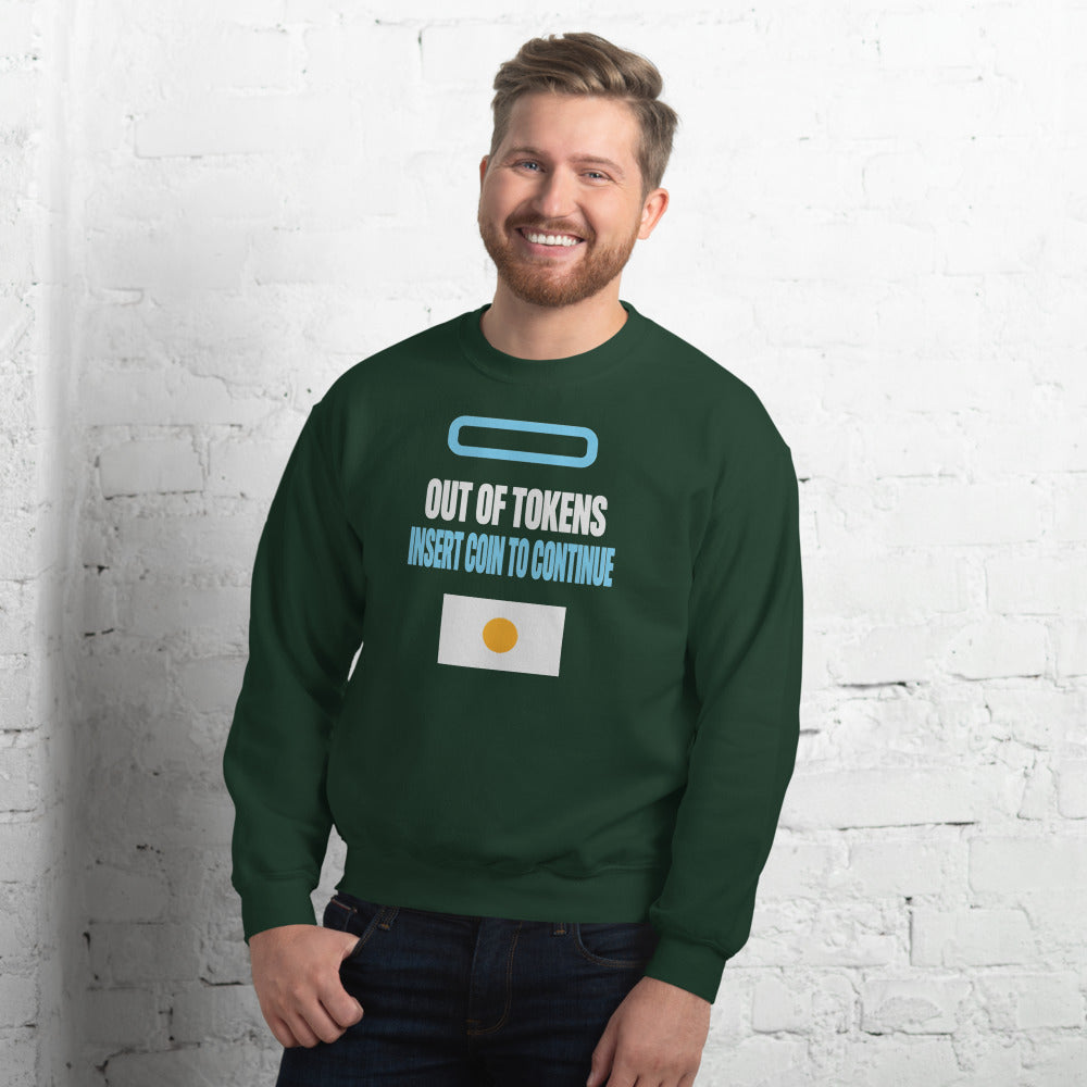 Insert Coin To Continue out of tokens crewneck sweatshirt — Forest Green, on model