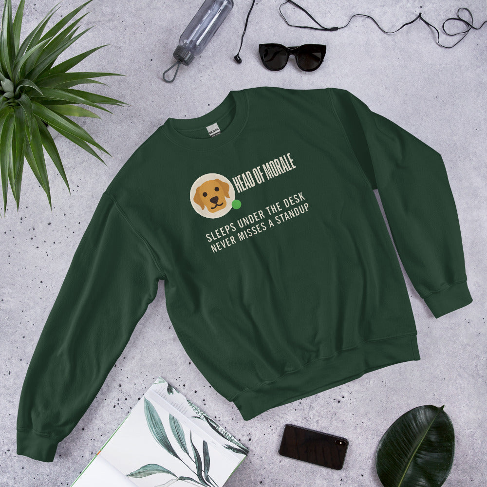 Head of Morale dog profile card crewneck sweatshirt — Forest Green, flat lay