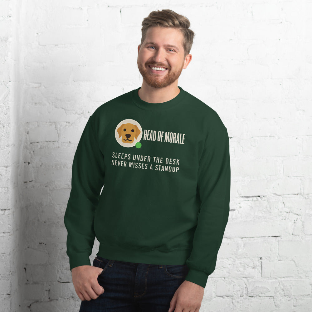 Head of Morale dog profile card crewneck sweatshirt — Forest Green, on model