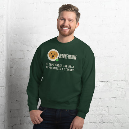 Head of Morale dog profile card crewneck sweatshirt — Forest Green, on model