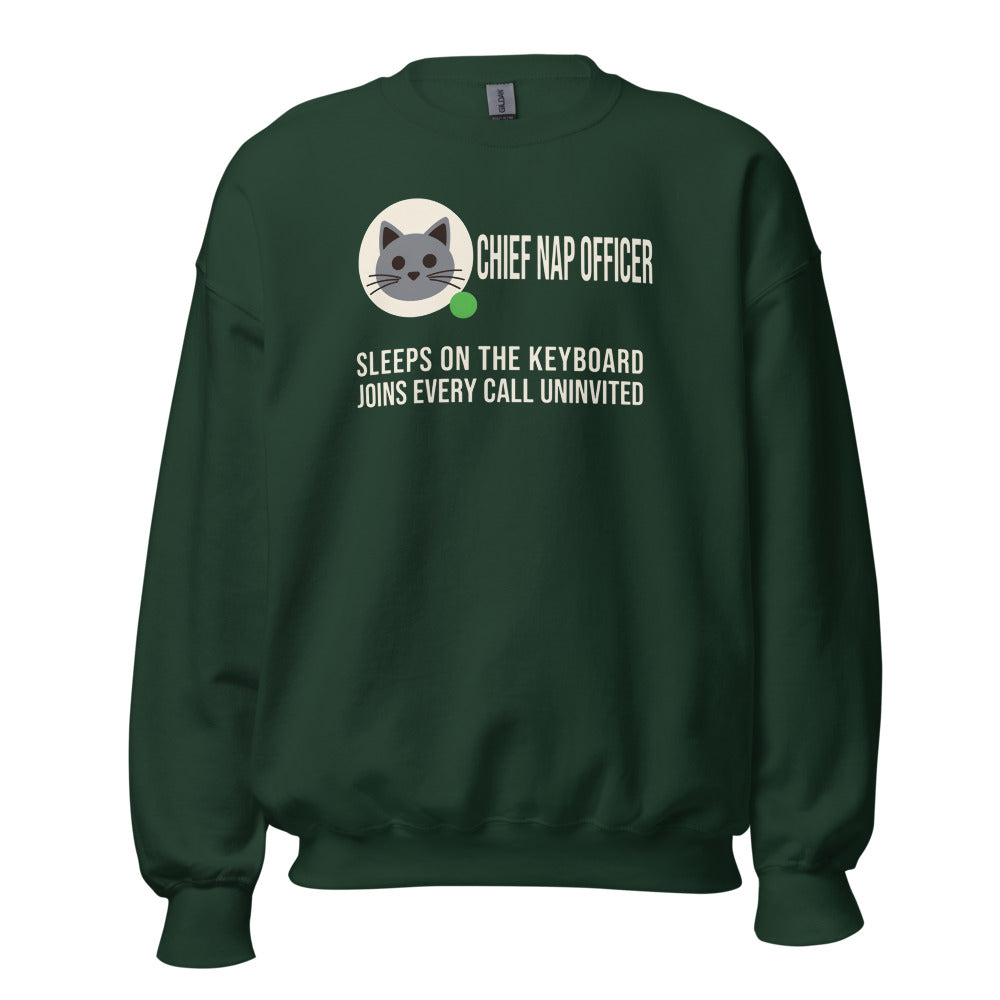 Chief Nap Officer cat profile card crewneck sweatshirt — Forest Green, front