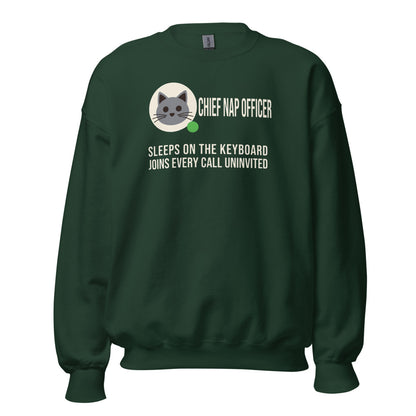 Chief Nap Officer cat profile card crewneck sweatshirt — Forest Green, front