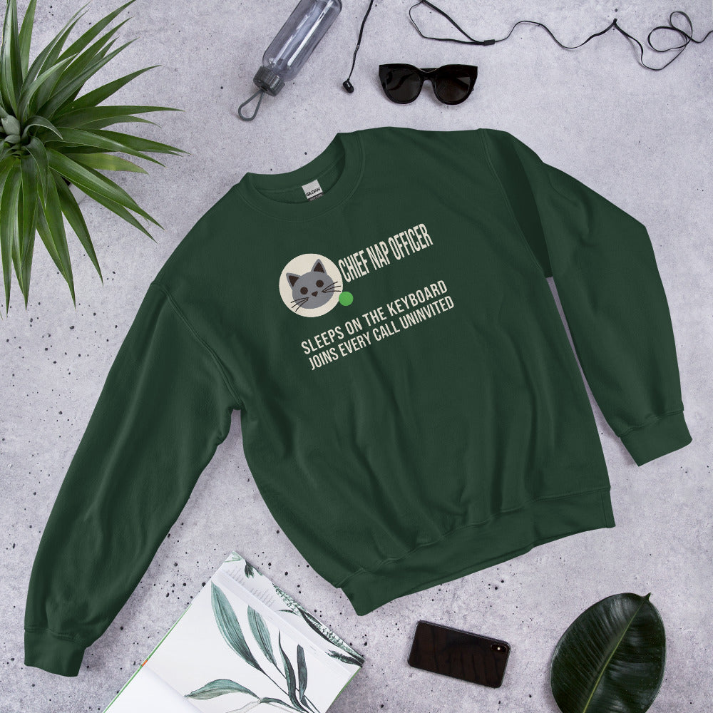 Chief Nap Officer cat profile card crewneck sweatshirt — Forest Green, flat lay