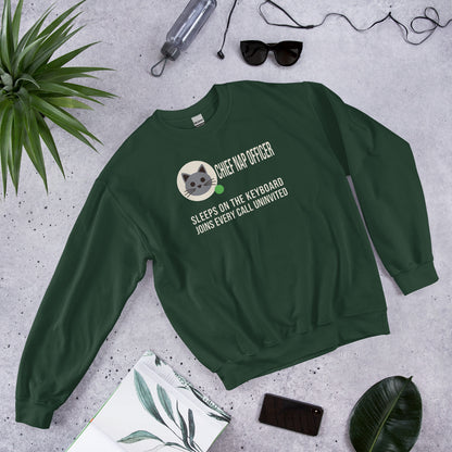 Chief Nap Officer cat profile card crewneck sweatshirt — Forest Green, flat lay